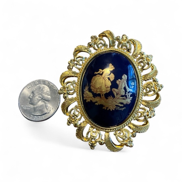 Limoges-Style Pendant Brooch - Filigree & Cobalt Enamel Courting Couple 2.5” - Picture 2 of 7